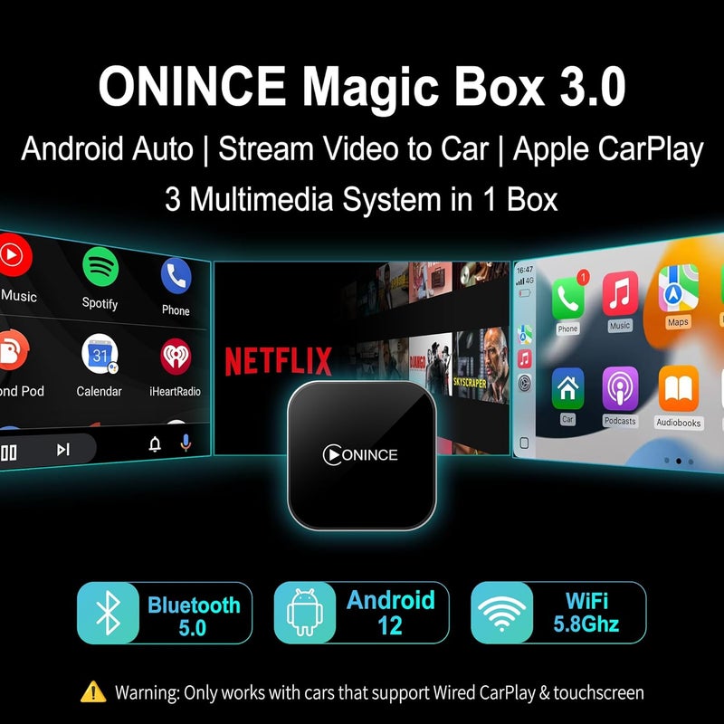 ONINCE ترقية CarPlay AI Box 2025 – صندوق سحري 3.0 مع CarPlay اللاسلكي وAndroid Auto، وNetflix وYouTube وDisney+ وPrime Video مدمجة | واي فاي 5.8GHz، اتصال تلقائي | للسيارات والدراجات النارية المزودة بـ CarPlay السلكي من OEM - Image 2